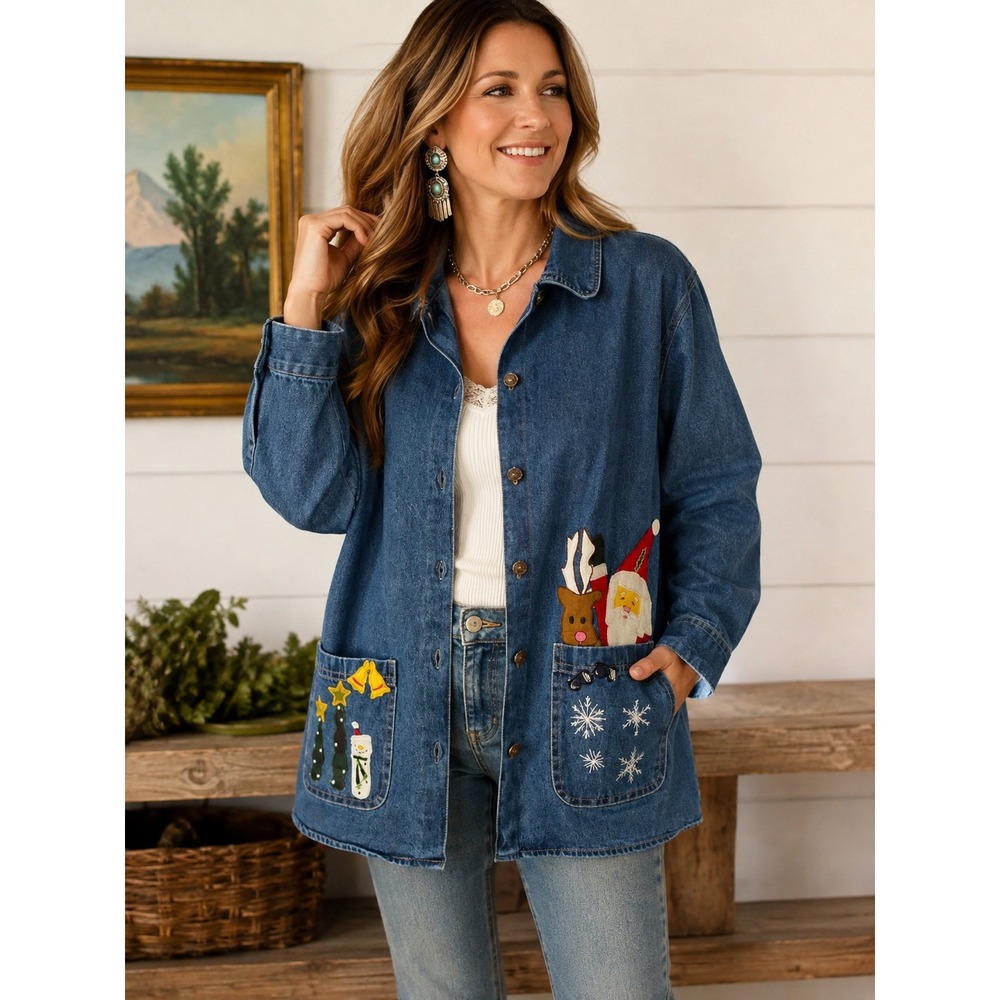 Natural Impressions Denim Shirt Blue Christmas Santa Reindeer Snowman XL